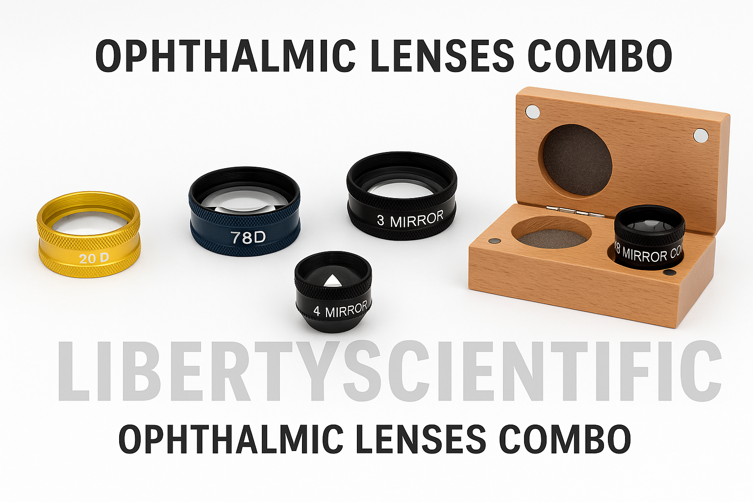 Ophthalmic Lens Combo – 20D, 90D, 78D, 3 Mirror & 4 Mirror Gonio Lens Set